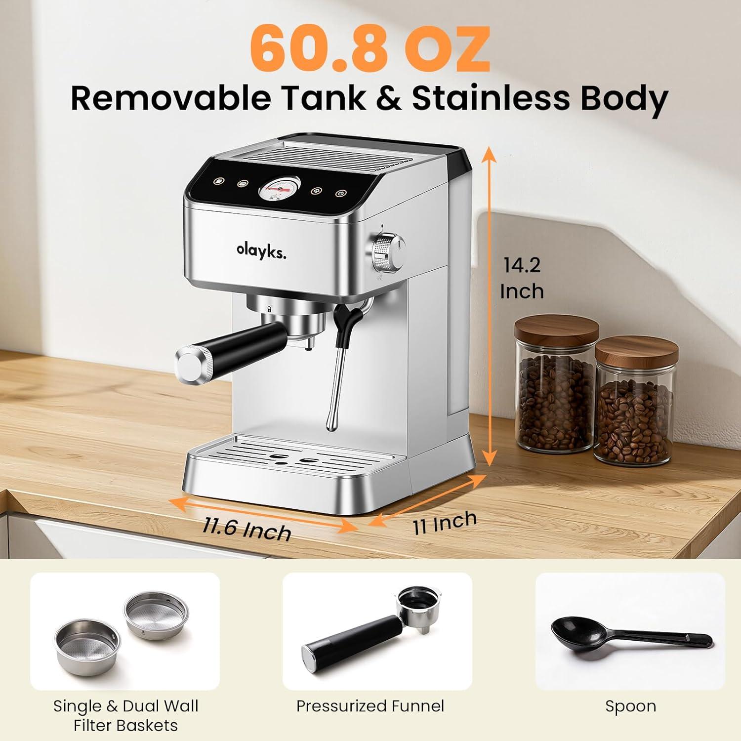 image:imageEspresso Machine 20 Bar Brush Stainless Steel Espresso Maker with Milk Frother Steam Wand 1400W Espresso Coffee Machine with 18L Removable Water Tank for Latte CappuccinoMachiato
