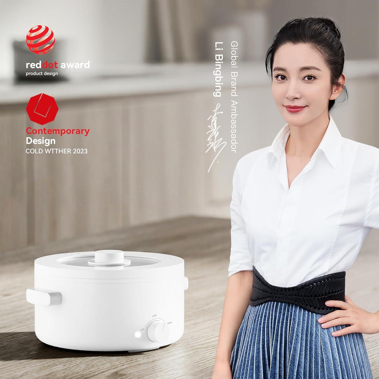 image:imageHot Pot Electric2L Ceramic Glaze NonStick Pan Portable Hot Pot with Dual Power Adjustment Electric Cooker for Egg Ramen OatmealSoup Quick Heating and Overheat ProtectionWhite