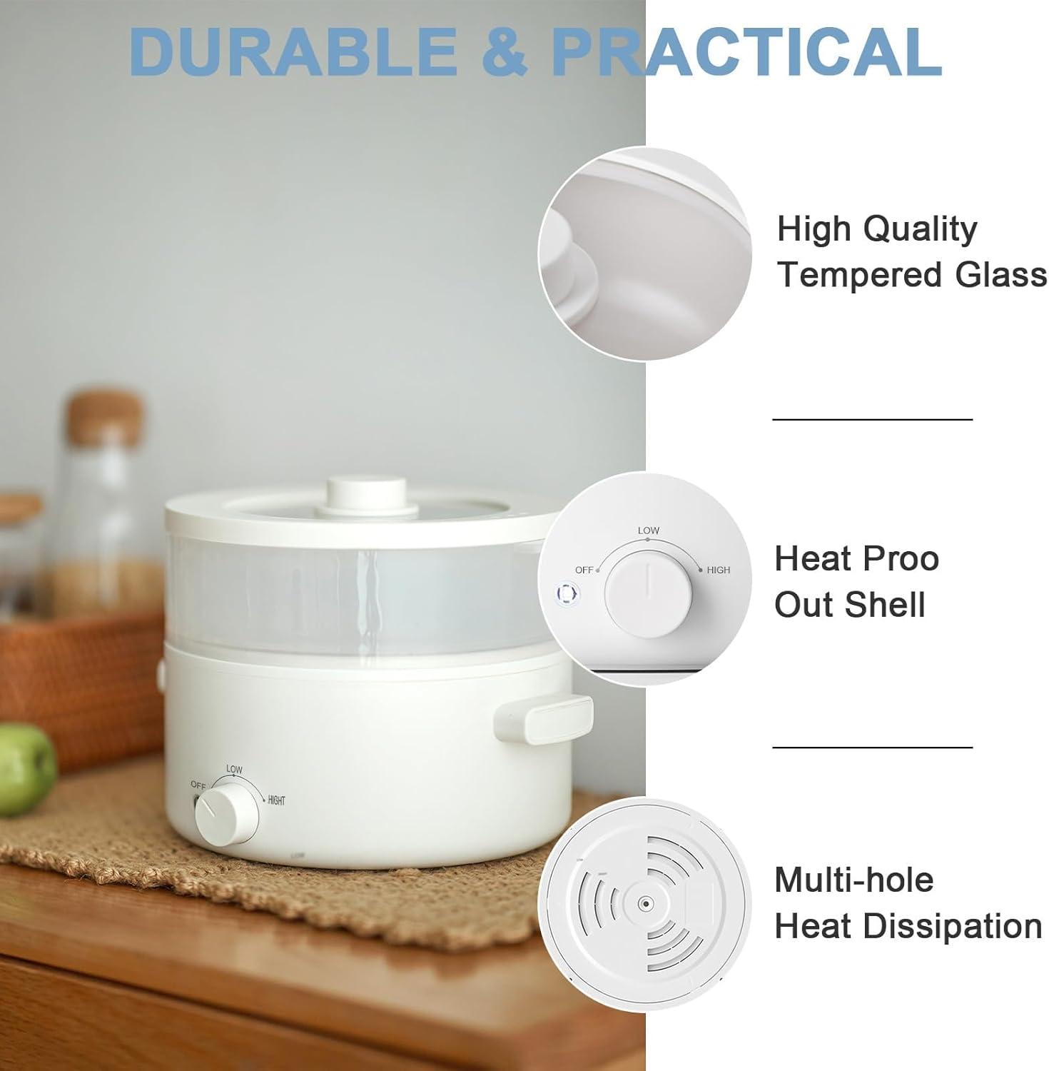 image:imageHot Pot Electric2L Ceramic Glaze NonStick Pan Portable Hot Pot with Dual Power Adjustment Electric Cooker for Egg Ramen OatmealSoup Quick Heating and Overheat ProtectionWhite
