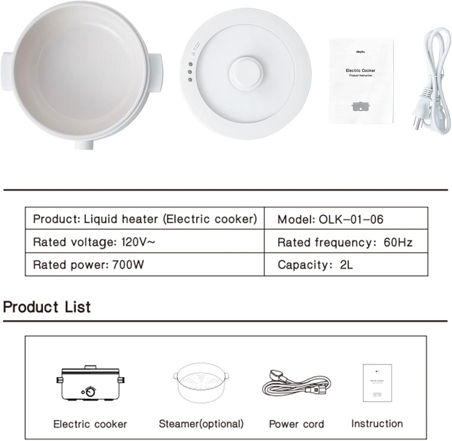 image:imageHot Pot Electric2L Ceramic Glaze NonStick Pan Portable Hot Pot with Dual Power Adjustment Electric Cooker for Egg Ramen OatmealSoup Quick Heating and Overheat ProtectionWhite