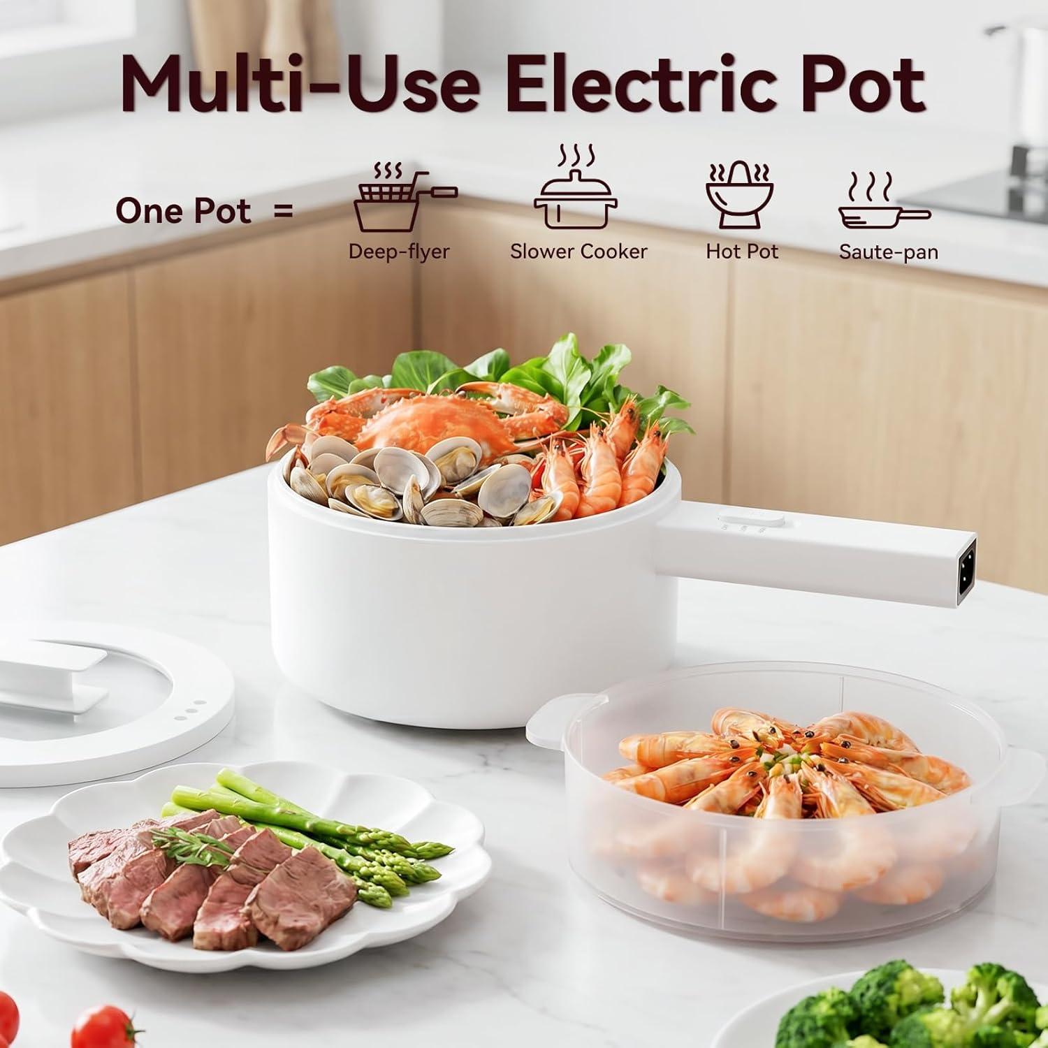 image:imageolakys Electric Hot Pot15L Mini Hot Pot Ceramic Glaze Nonstick Portable Pot Electric Pot for for Steak Egg Fried Rice Oatmeal SoupRamen with Dual Power Control Electric Pot for DormWhite