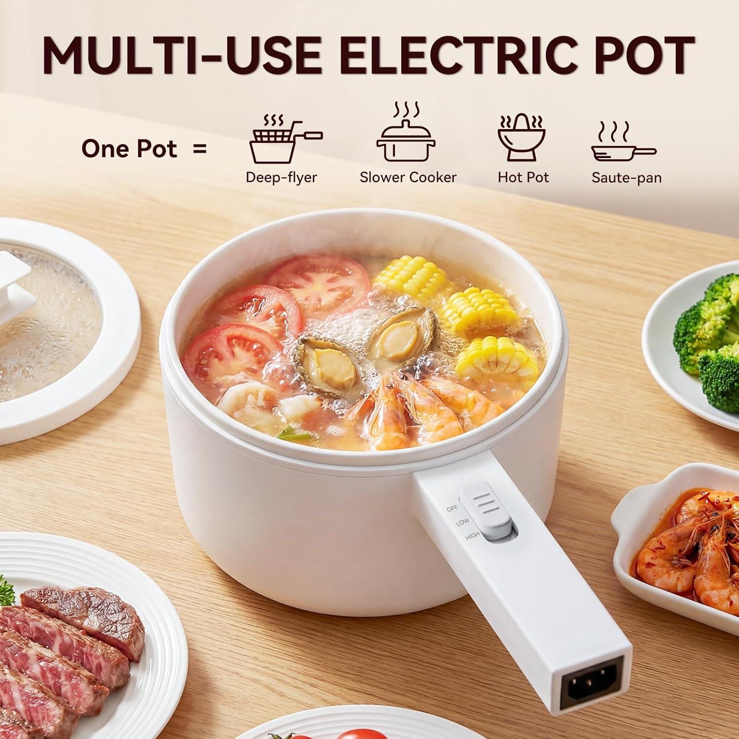 image:imageolakys Electric Hot Pot15L Mini Hot Pot Ceramic Glaze Nonstick Portable Pot Electric Pot for for Steak Egg Fried Rice Oatmeal SoupRamen with Dual Power Control Electric Pot for DormWhite