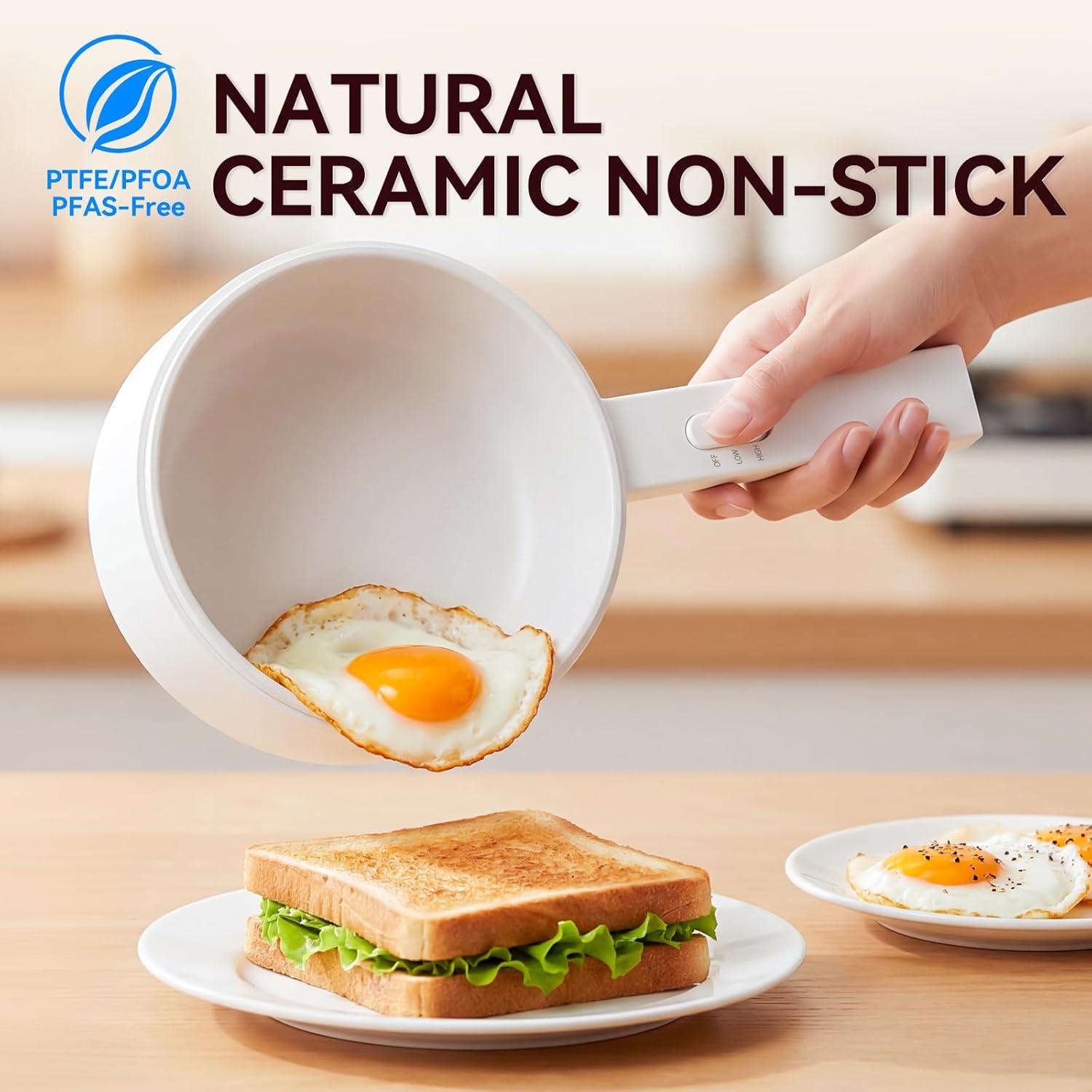 image:imageolakys Electric Hot Pot15L Mini Hot Pot Ceramic Glaze Nonstick Portable Pot Electric Pot for for Steak Egg Fried Rice Oatmeal SoupRamen with Dual Power Control Electric Pot for DormWhite