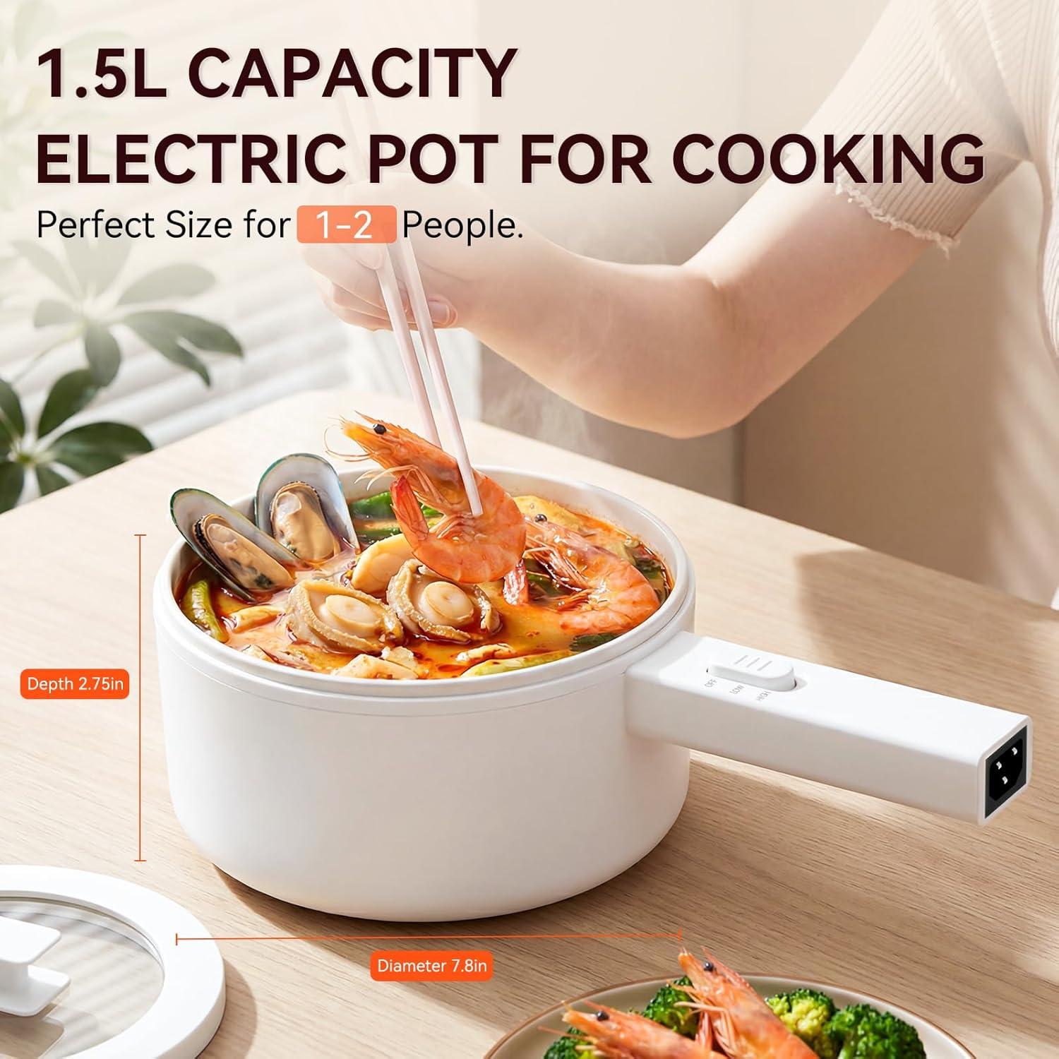image:imageolakys Electric Hot Pot15L Mini Hot Pot Ceramic Glaze Nonstick Portable Pot Electric Pot for for Steak Egg Fried Rice Oatmeal SoupRamen with Dual Power Control Electric Pot for DormWhite
