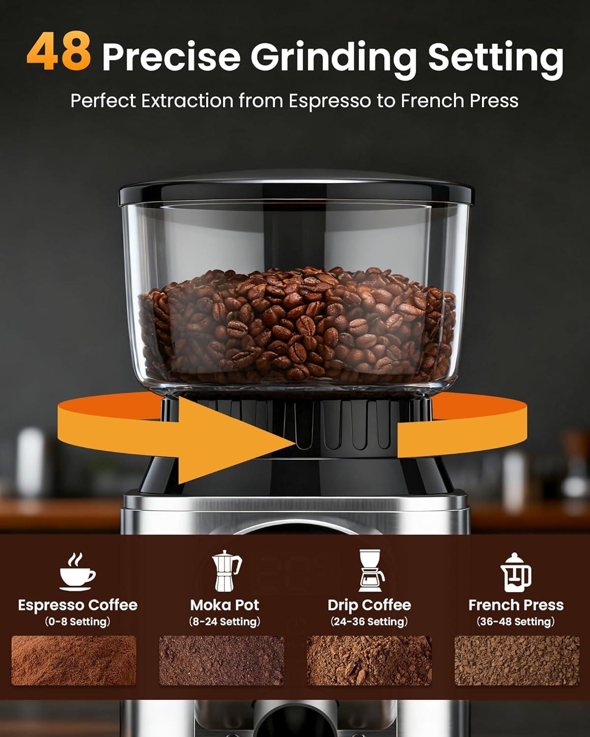 image:imageolayks Conical Burr Coffee Grinder Electric Coffee Bean Grinder with 48 Precise Settings AntiStatic Coffee Grinders for Home Use Adjustable Conical Burr Mill for EsperssoDripFrench Press