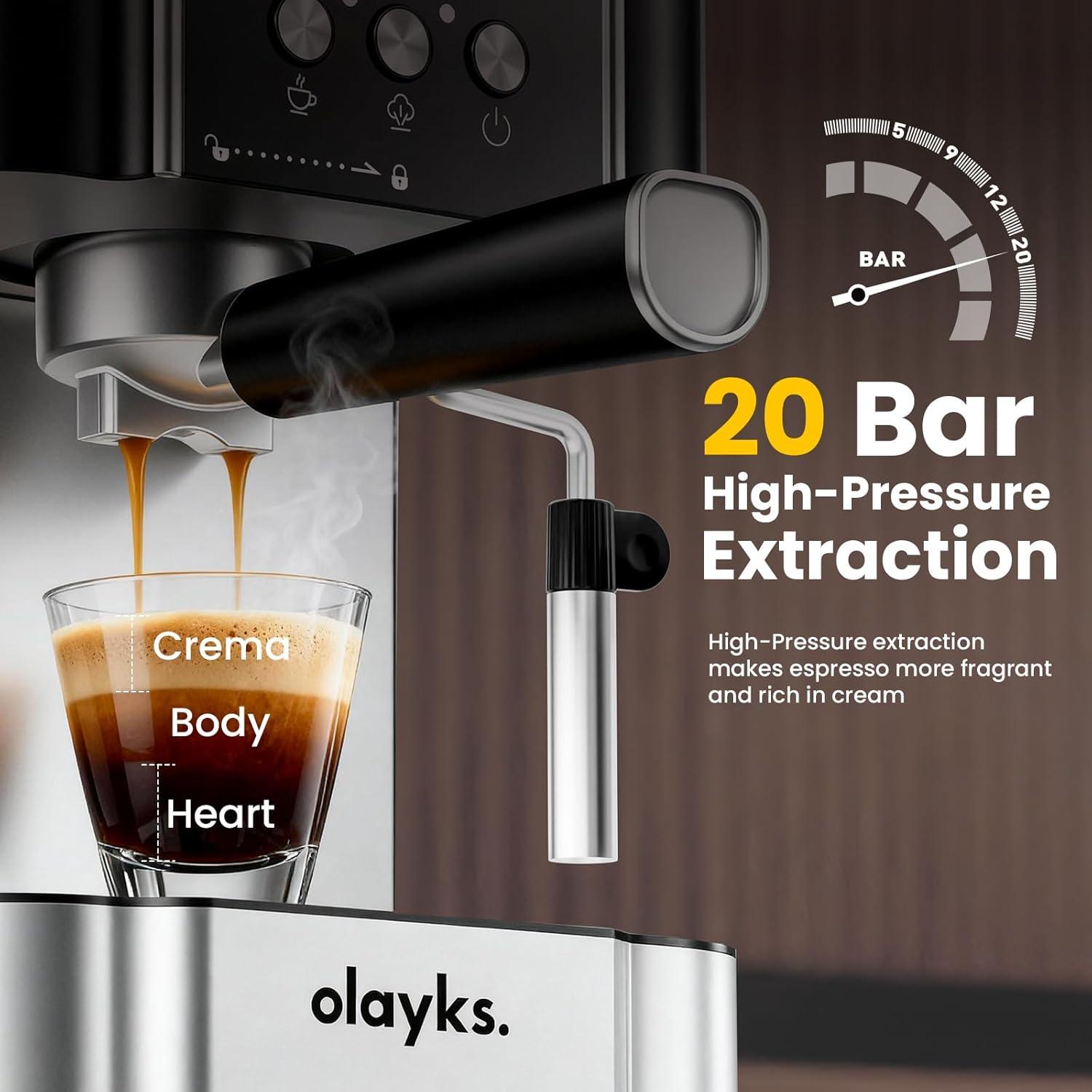 image:imageolayks Professional 20Bar Espresso Coffee Maker SemiAutomatic with Steam Wand Milk Frother AllinOne Machine with 18L Removable Tank for Latte Cappuccino Easy Clean
