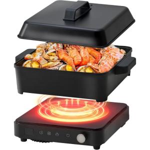 image:imagePortable Induction Cooktop 1500W Induction Cooktop with 6 Temperature 8 Power Settings 99 Minutes Timer Including 8L Cast Iron Cooking Pot and Cast Iron Paninduction cooktop with grill pan and rack