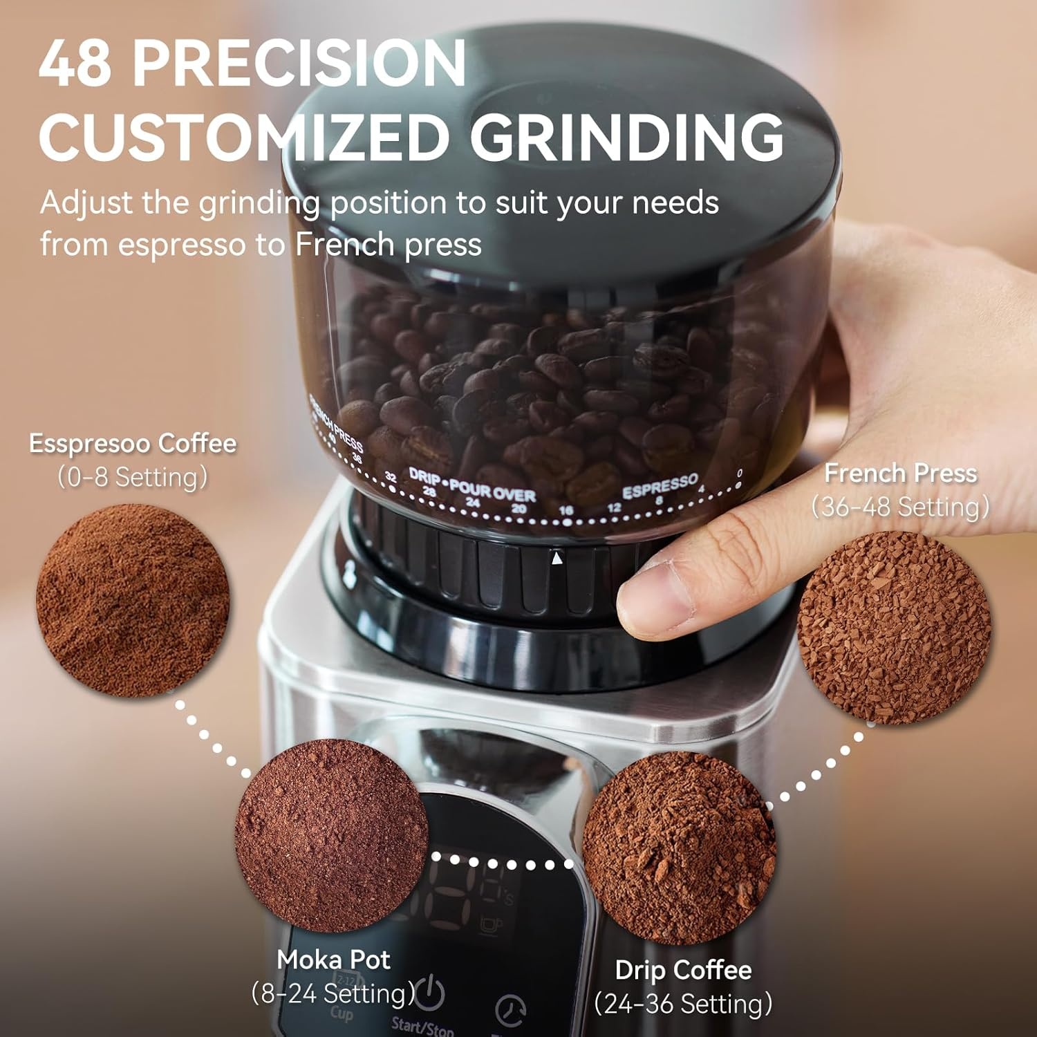 image:imageConical Burr Coffee Grinder Electric with Electronic Timer AntiStatic Coffee Grinders for Home Use Adjustable Conical Burr Mill with 48 Precise Settings for EsperssoDripFrench Press