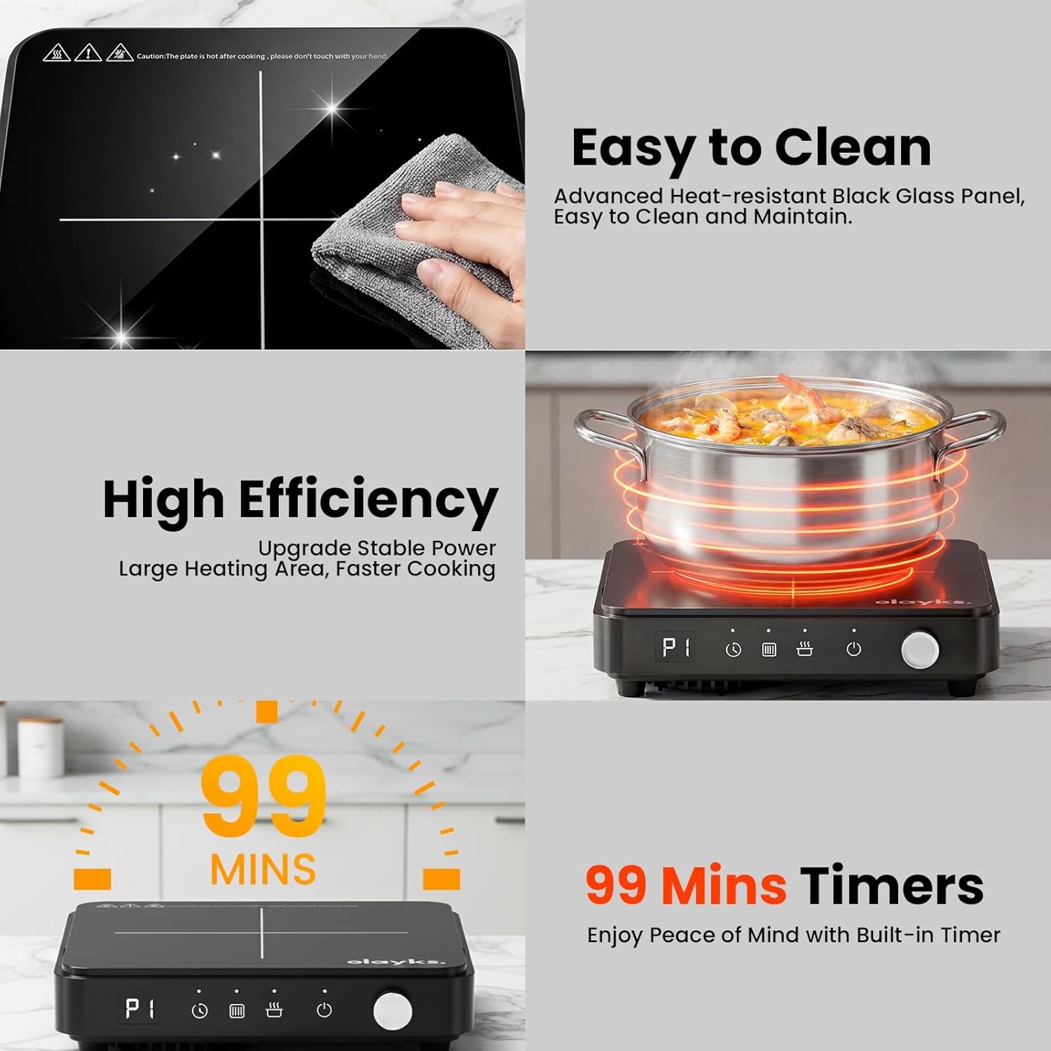 image:imageolayks Induction Cooktop Portable Induction Cooktop with Removable Cast Iron Pot and Pan 1500W Hot Plate Single Burner with 8 Power Levels Adjustable Temp Control 99 Min Timer
