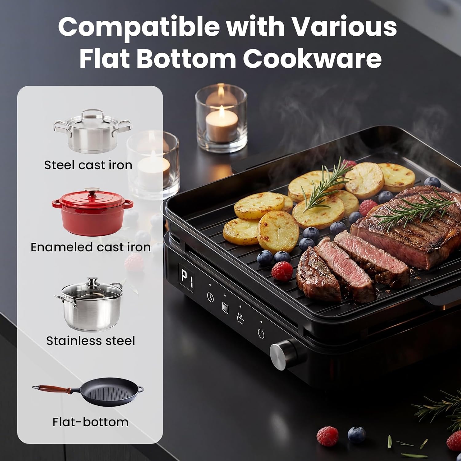 image:imageolayks Induction Cooktop Portable Induction Cooktop with Removable Cast Iron Pot and Pan 1500W Hot Plate Single Burner with 8 Power Levels Adjustable Temp Control 99 Min Timer