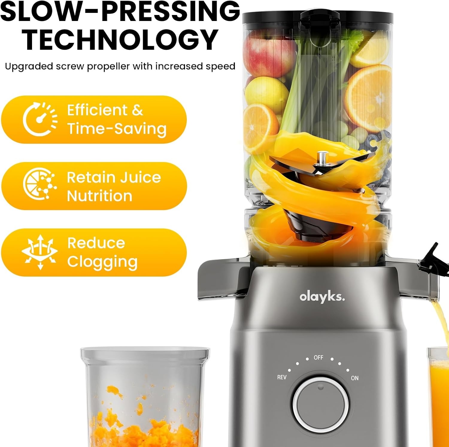 image:imageolayks Juicer Machines High Juice Yield Cold Press Juicer for Fruit and Vegetable Masticating Machine with Juice Recipe Self Feeding Effortless for Batch JuicingEasy to CleanGrey