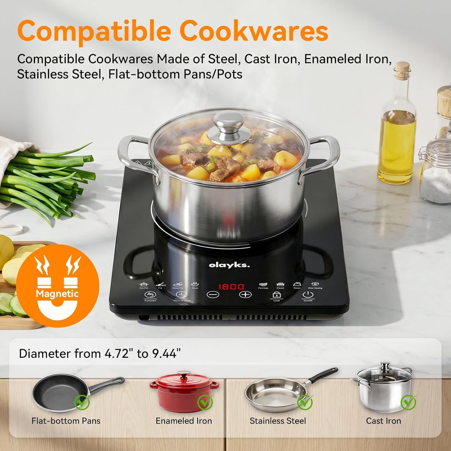 image:imageProtable Induction Cooktop 1800w Hot Plate Electric Stove with Child Safety Lock Timer 8 Power Levels Single Burner Electric Cooktop with Large Heating Coil Fast Heating