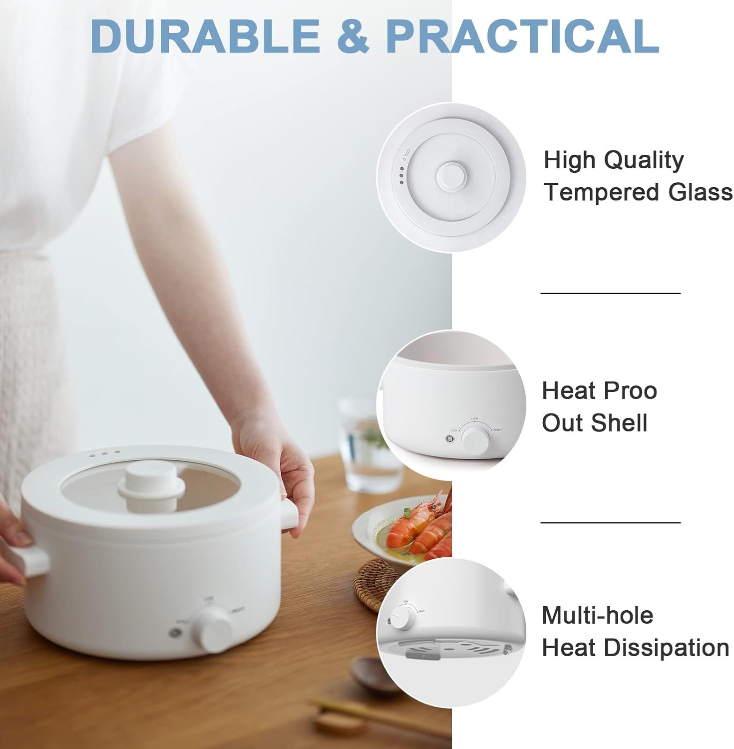 image:imageElectric Cooker 2L Ceramic Glaze Nonstick Pot Dual Power Multifunctional Electric Cooker Suitable for Steak Pasta Hot Pot Ramen Quick Heating and Overheat Protection2L