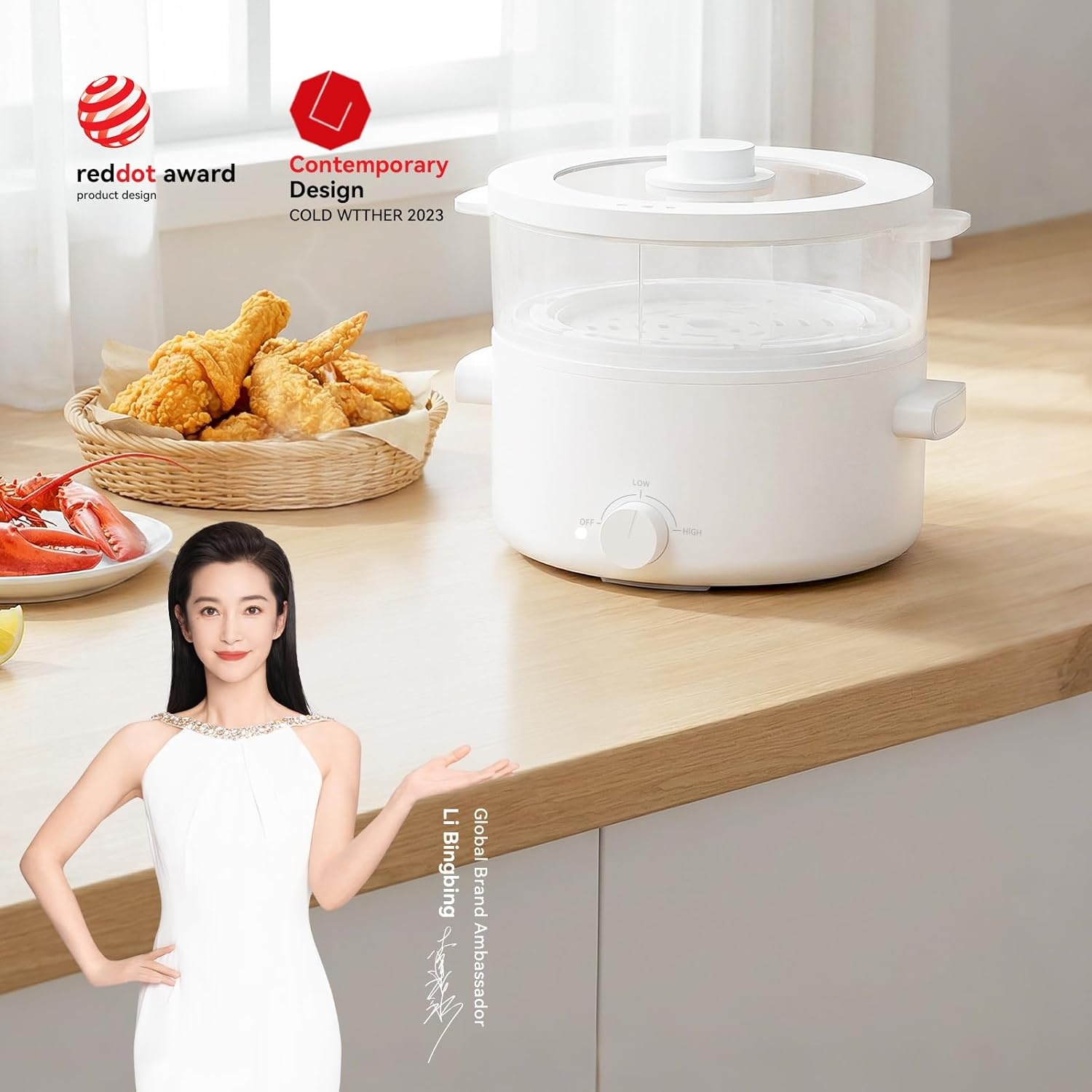 image:imageElectric Cooker 2L Ceramic Glaze Nonstick Pot Dual Power Multifunctional Electric Cooker Suitable for Steak Pasta Hot Pot Ramen Quick Heating and Overheat Protection2Lwith steamer