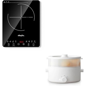 image:image1800W Protable Induction Cooktop and 2L Ceramic Glaze Nonstick Pot with Steamer Dual Power Multifunctional Electric Cooker